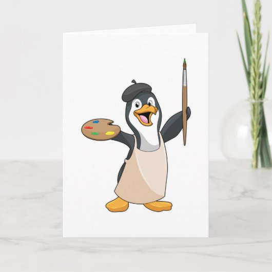 Pinguïn als schilder met penseel en kleur verf kaart (Voorkant)