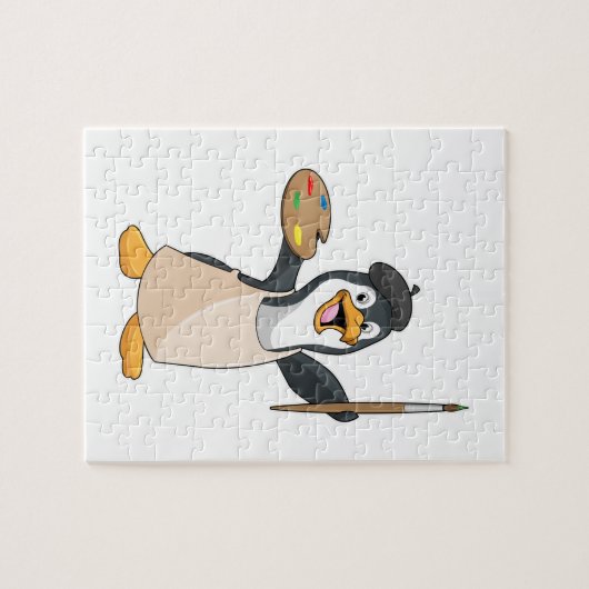Pinguïn als schilder met penseel en kleur verf legpuzzel (Horizontaal)