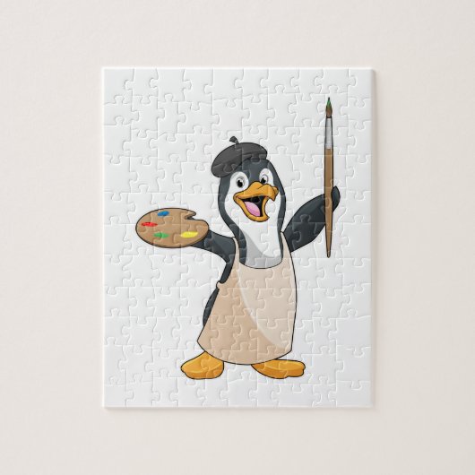 Pinguïn als schilder met penseel en kleur verf legpuzzel (Verticaal)