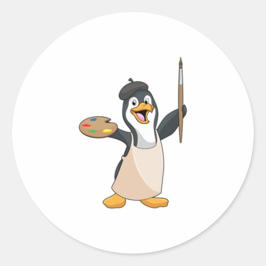 Pinguïn als schilder met penseel en kleur verf ronde sticker (Voorkant)