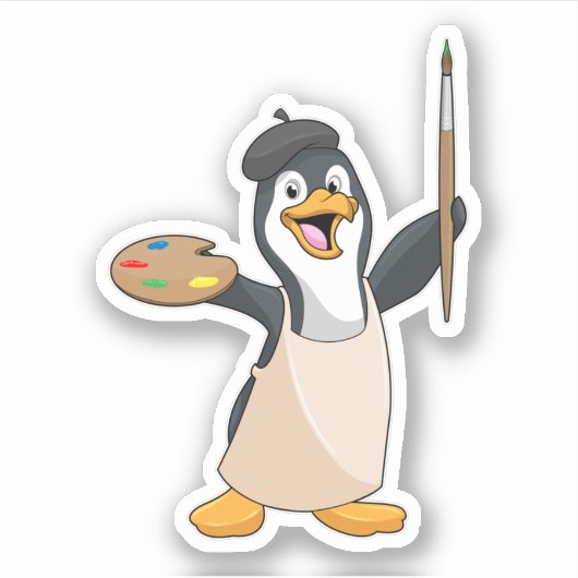 Pinguïn als schilder met penseel en kleur verf sticker (Voorkant)
