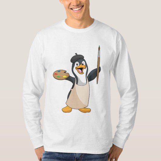 Pinguïn als schilder met penseel en kleur verf t-shirt (Voorkant)