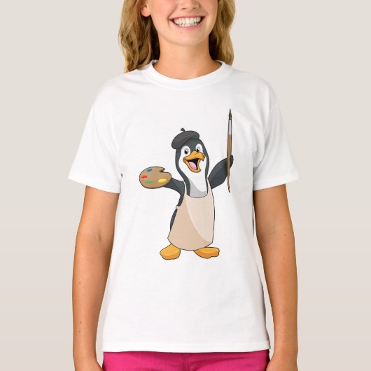 Pinguïn als schilder met penseel en kleur verf t-shirt (Voorkant)