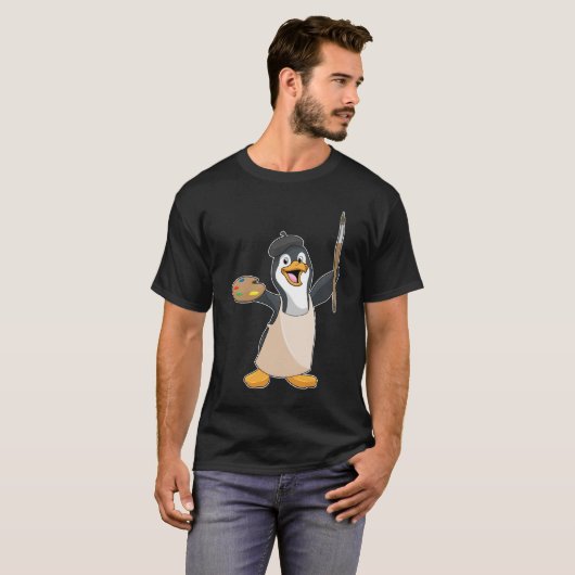 Pinguïn als schilder met penseel en kleur verf t-shirt (Voorkant volledig)