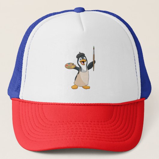 Pinguïn als schilder met penseel en kleur verf trucker pet (Voorkant)