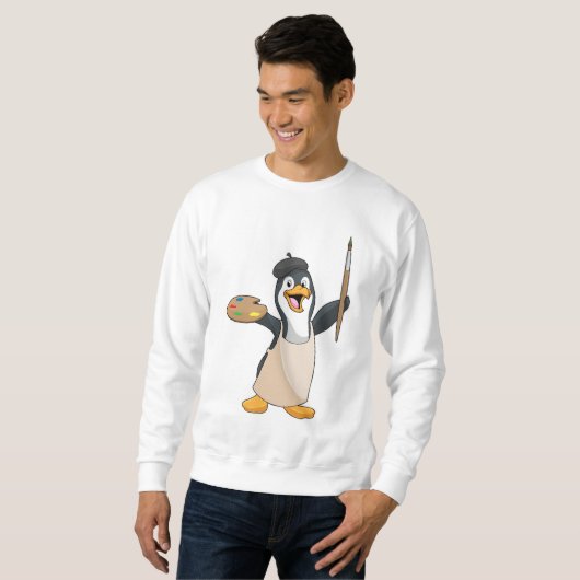 Pinguïn als schilder met penseel en kleur verf trui (Voorkant volledig)