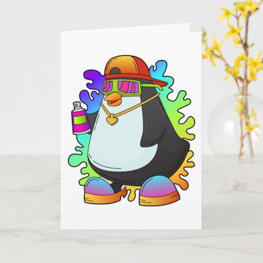 Pinguïn als schilder met spuitbus kaart (Gele Bloem)