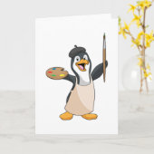 Pinguïn als Schilder met verfkwast en kleur Kaart (Gele Bloem)