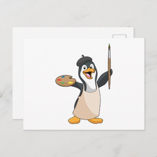 Pinguïn als Schilder met verfkwast & Kleur Briefkaart (Voorkant / Achterkant)