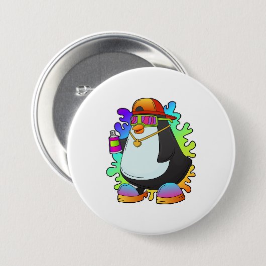 Pinguïn als schilder met verstuiving ronde button 7,6 cm (Voorkant /achterkant)