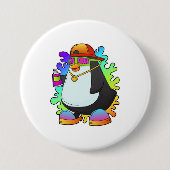 Pinguïn als schilder met verstuiving ronde button 7,6 cm (Voorkant)