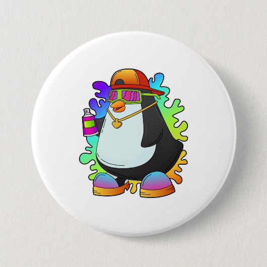 Pinguïn als schilder met verstuiving ronde button 7,6 cm (Voorkant)