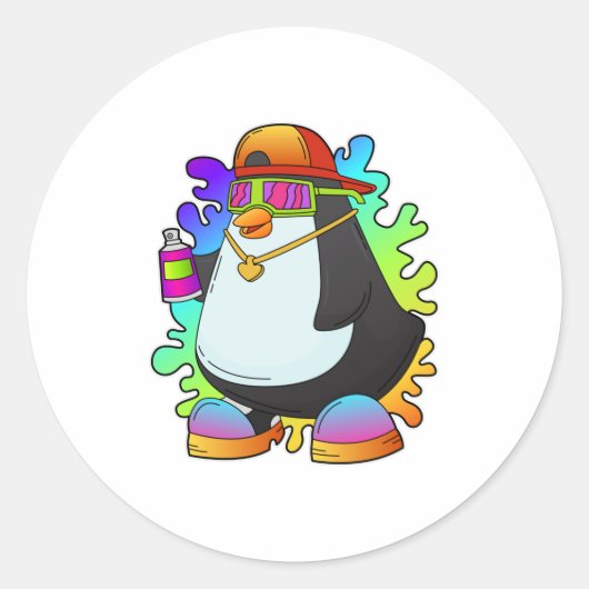 Pinguïn als schilder met verstuiving ronde sticker (Voorkant)