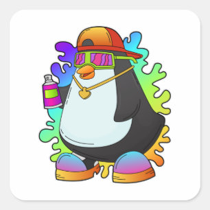 Pinguïn als schilder met verstuiving vierkante sticker