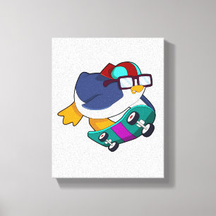 Pinguïn als Skater met skateboard Canvas Afdruk