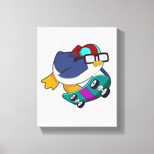 Pinguïn als Skater met skateboard Canvas Afdruk (Voorkant)