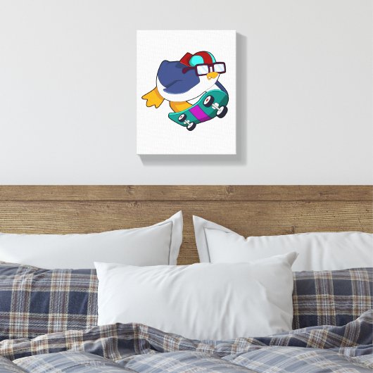 Pinguïn als Skater met skateboard Canvas Afdruk (Insitu (Slaapkamer))