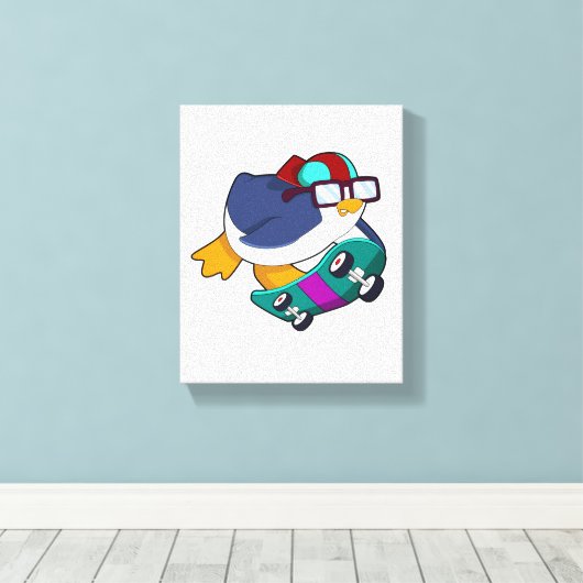Pinguïn als Skater met skateboard Canvas Afdruk (Insitu (Houten vloer))