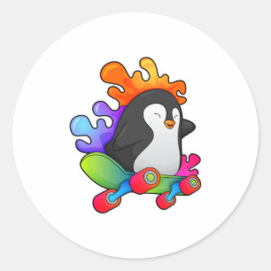 Pinguïn als Skater met skateboard Ronde Sticker