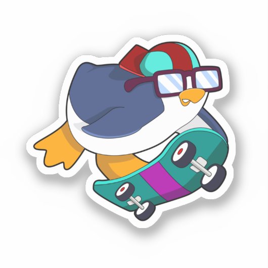 Pinguïn als Skater met skateboard Sticker (Voorkant)