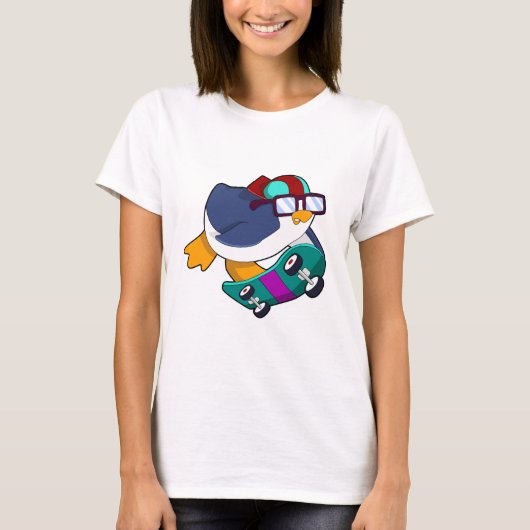 Pinguïn als Skater met skateboard T-shirt (Voorkant)