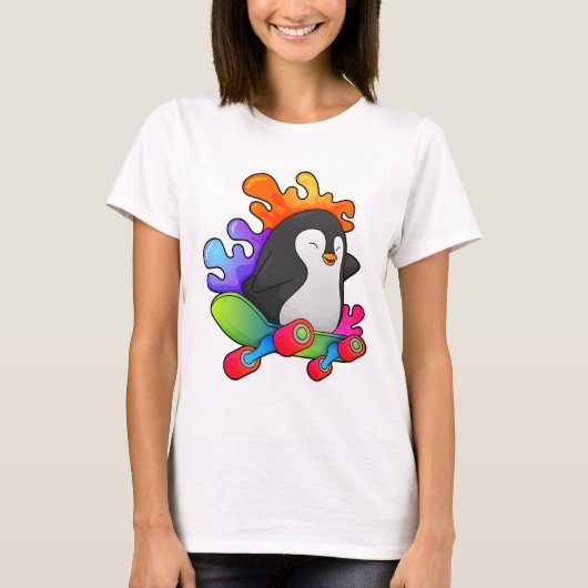 Pinguïn als Skater met skateboard T-shirt (Voorkant)