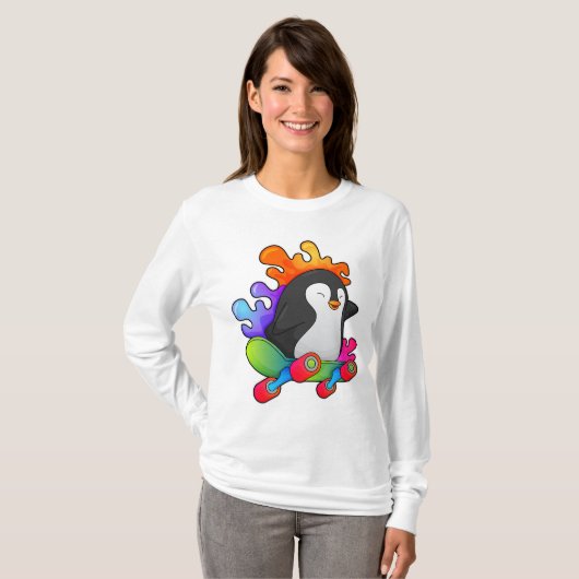 Pinguïn als Skater met skateboard T-shirt (Voorkant volledig)