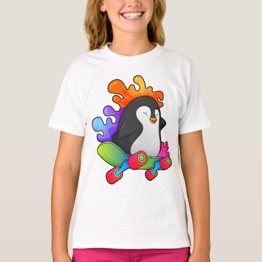 Pinguïn als Skater met skateboard T-shirt (Voorkant)