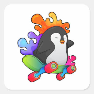 Pinguïn als Skater met skateboard Vierkante Sticker