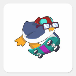 Pinguïn als Skater met skateboard Vierkante Sticker