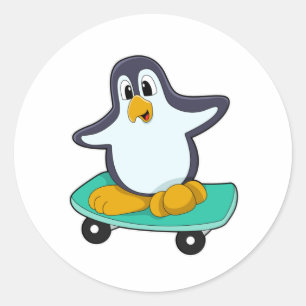 Pinguïn als Skater op skateboard Ronde Sticker