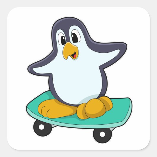 Pinguïn als Skater op skateboard Vierkante Sticker (Voorkant)
