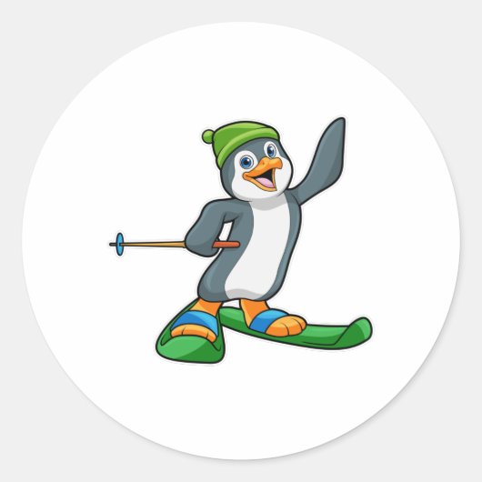 Pinguïn als skiër en Pet Ronde Sticker (Voorkant)