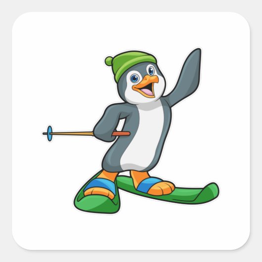Pinguïn als skiër en Pet Vierkante Sticker (Voorkant)