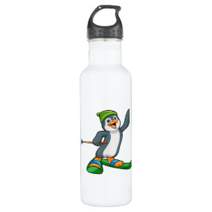Pinguïn als skiër en Pet Waterfles