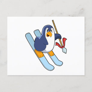 Pinguïn als skiër met ski briefkaart