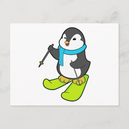 Pinguïn als skiër met ski briefkaart (Voorkant)