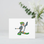 Pinguïn als skiër met ski en muts briefkaart (Staand voorkant)