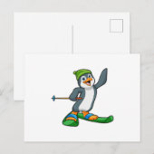 Pinguïn als skiër met ski en muts briefkaart (Voorkant / Achterkant)