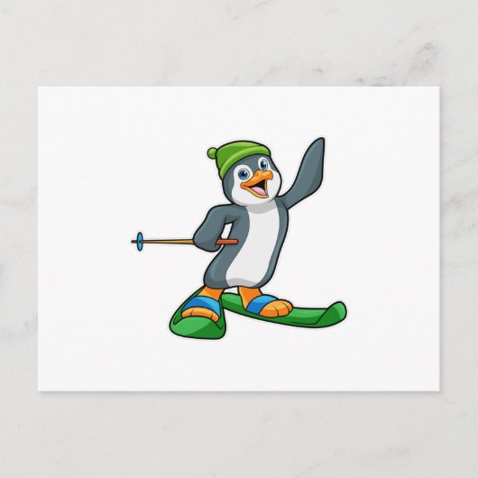 Pinguïn als skiër met ski en muts briefkaart (Voorkant)