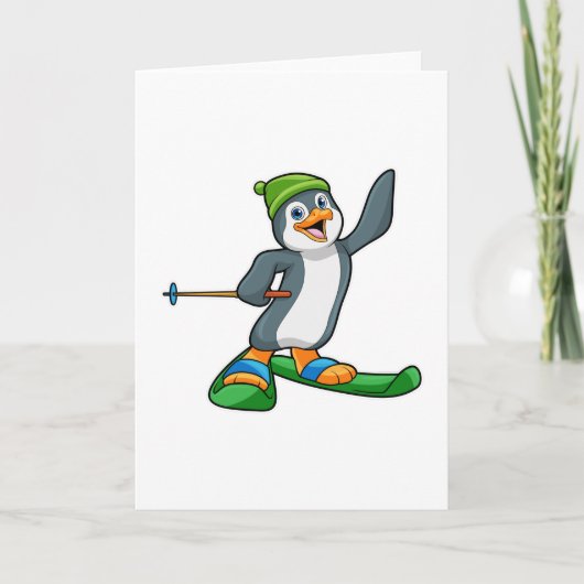 Pinguïn als skiër met ski en muts kaart (Voorkant)