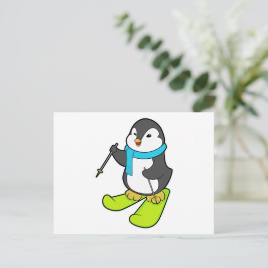 Pinguïn als skiër met skis briefkaart (Staand voorkant)