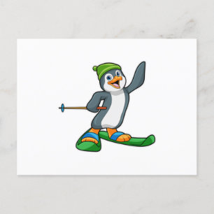 Pinguïn als skiër met skis en muts briefkaart
