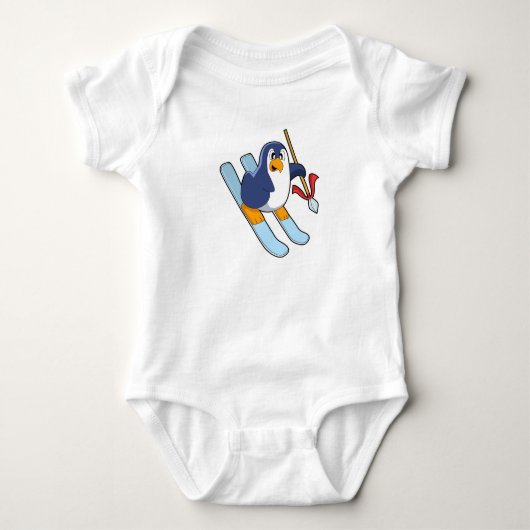 Pinguïn als skiër met skis romper (Voorkant)