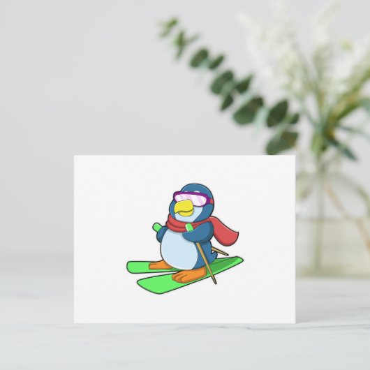 Pinguïn als skiër met skisjaal en zonnebril briefkaart (Staand voorkant)