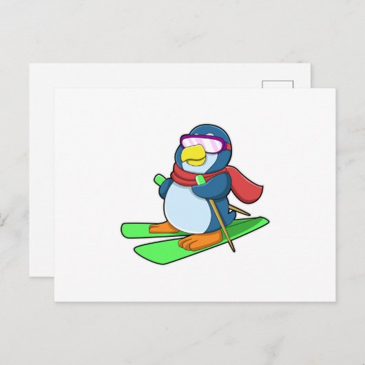 Pinguïn als skiër met skisjaal en zonnebril briefkaart (Voorkant / Achterkant)