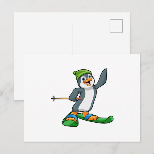 Pinguïn als Skiloper met Ski en Pet Briefkaart (Voorkant / Achterkant)