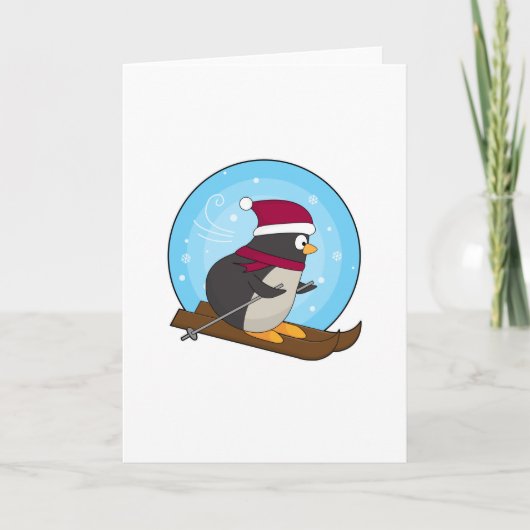 Pinguïn als Skiloper met Skieën Kaart (Voorkant)