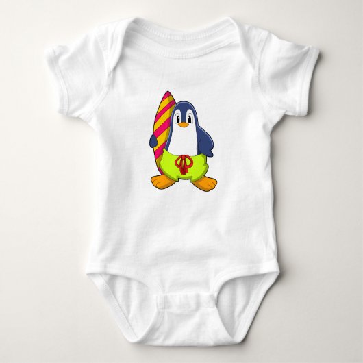 Pinguïn als Surfer met surfboard Romper (Voorkant)