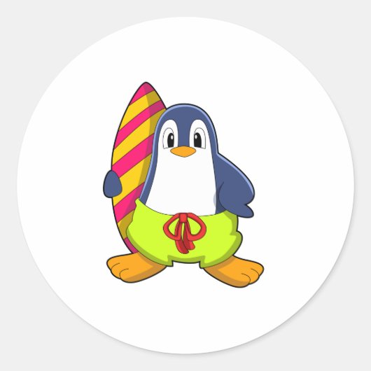 Pinguïn als Surfer met surfboard Ronde Sticker (Voorkant)